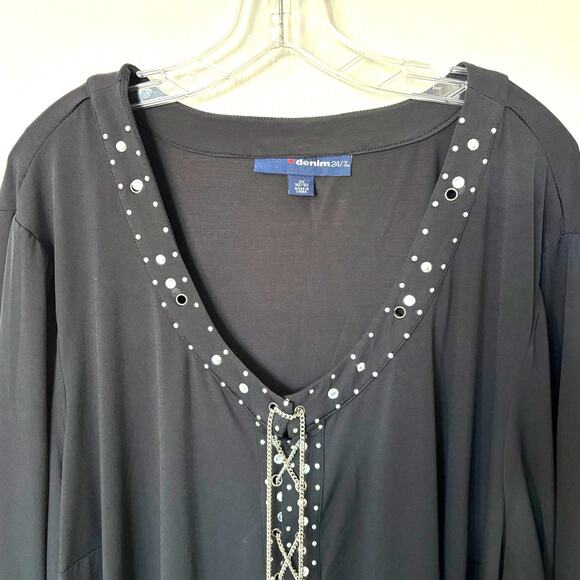 Denim 24/7 Wms 3X Black Embellished Scoop Neck Tunic Top Studded Lace Up Chain - Picture 5 of 10